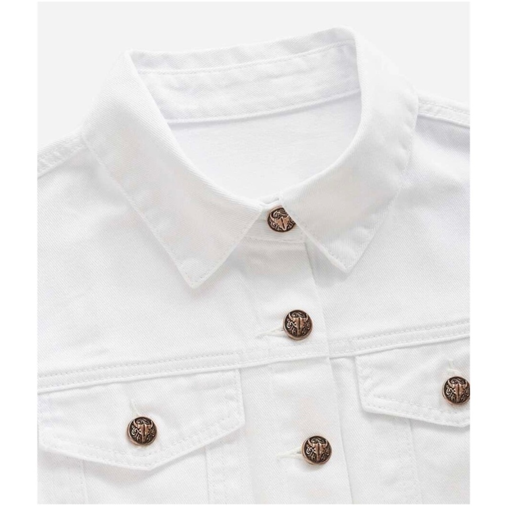 Boho White Puff Sleeve Denim Jacket Shacket - Picture 6 of 7
